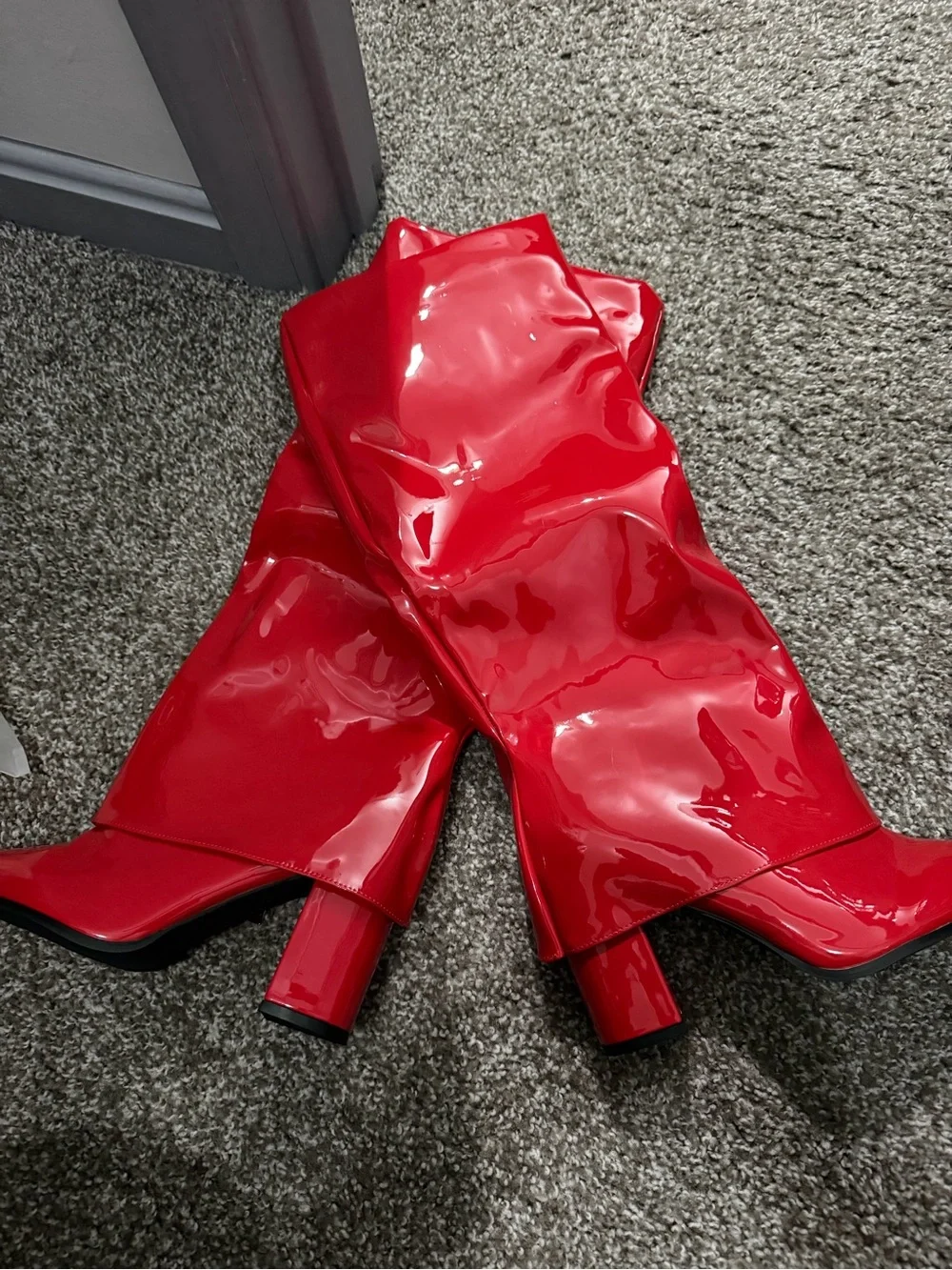 Red Patent Knee-High Block Heel Boots - Women's Fashion Boots